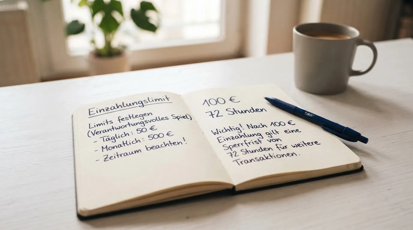 Ein aufgeschlagenes Notizbuch mit handschriftlichen Notizen und ein Kugelschreiber liegen auf einem hellen Schreibtisch neben einer Kaffeetasse.