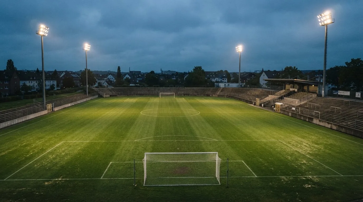Ein Fußballplatz mit Flutlichtmasten in der Abenddämmerung, aus der Ferne gesehen, leere Tribünen und nasser Rasen unter bewölktem Himmel.