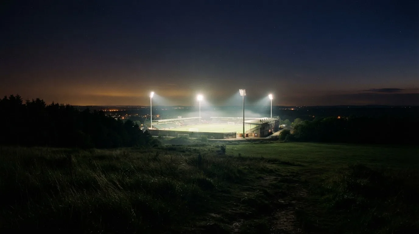 Ein Stadion unter Flutlicht bei Nacht, von einem Hügel aus der Ferne betrachtet, mit Dunst über dem Spielfeld.