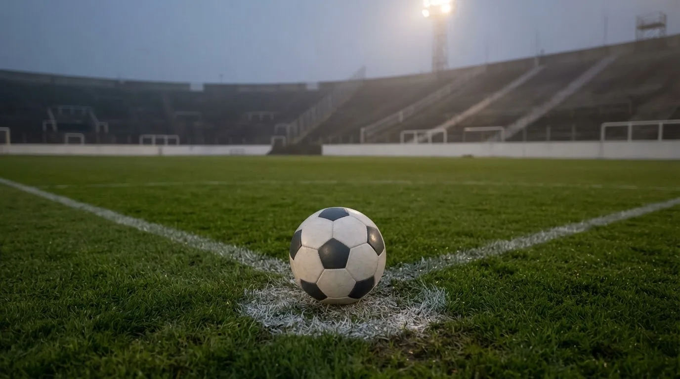 Ein Fußball liegt auf dem Elfmeterpunkt eines leeren Rasenplatzes, im Hintergrund eine Tribüne im Dunst.