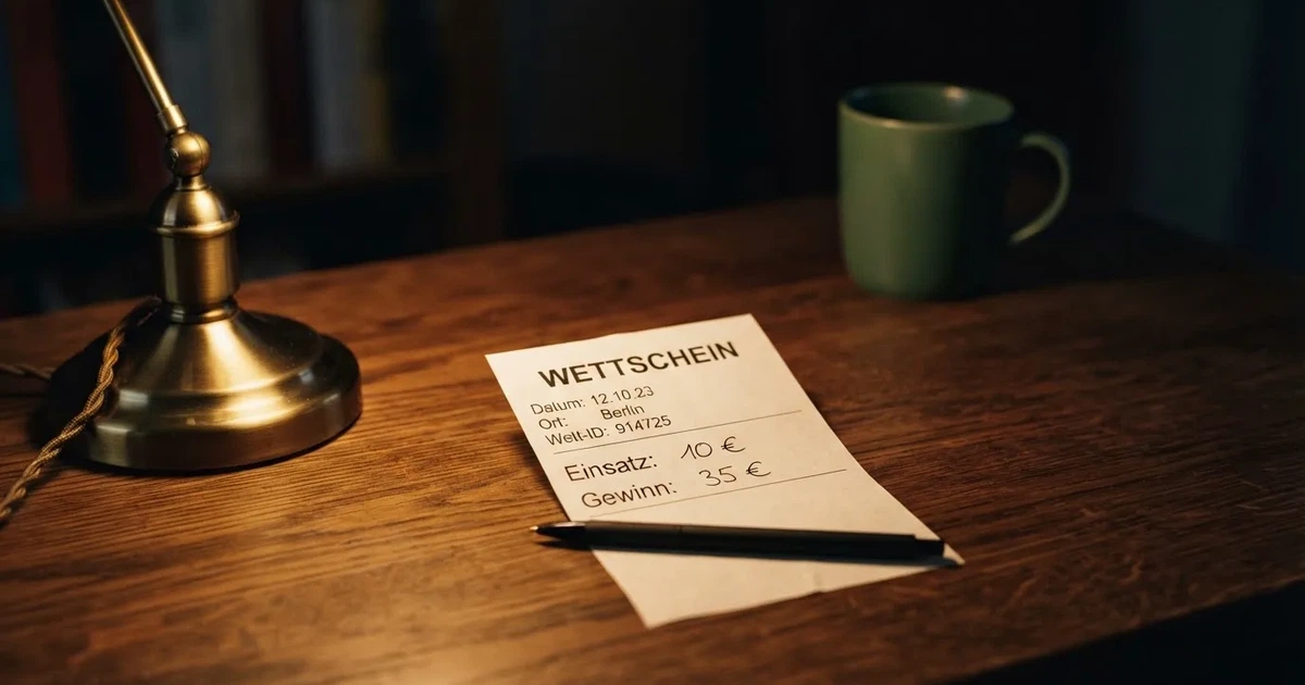 Ein leerer Wettschein aus Papier liegt neben einem Stapel Euro-Münzen auf einem dunklen Holztisch, seitlich von einer Schreibtischlampe beleuchtet.