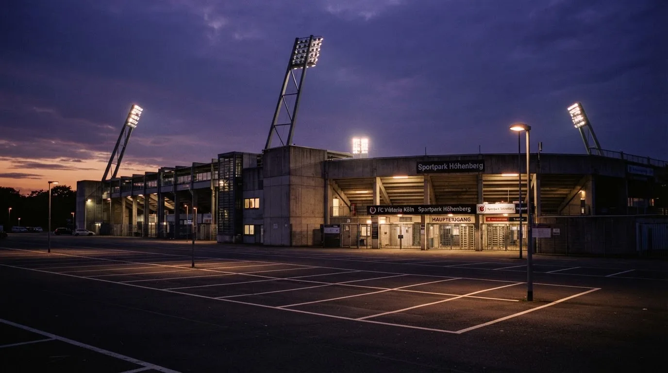 Ein Fußballstadion von außen in der Dämmerung, hohe Flutlichtmasten vor einem violetten Himmel, davor ein leerer Parkplatz.