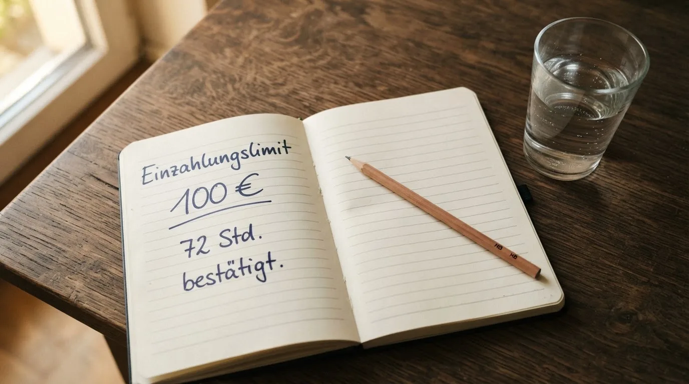 Ein aufgeschlagenes Heft mit handschriftlichen Notizen und ein Bleistift liegen auf einem Schreibtisch, daneben ein Glas Wasser.