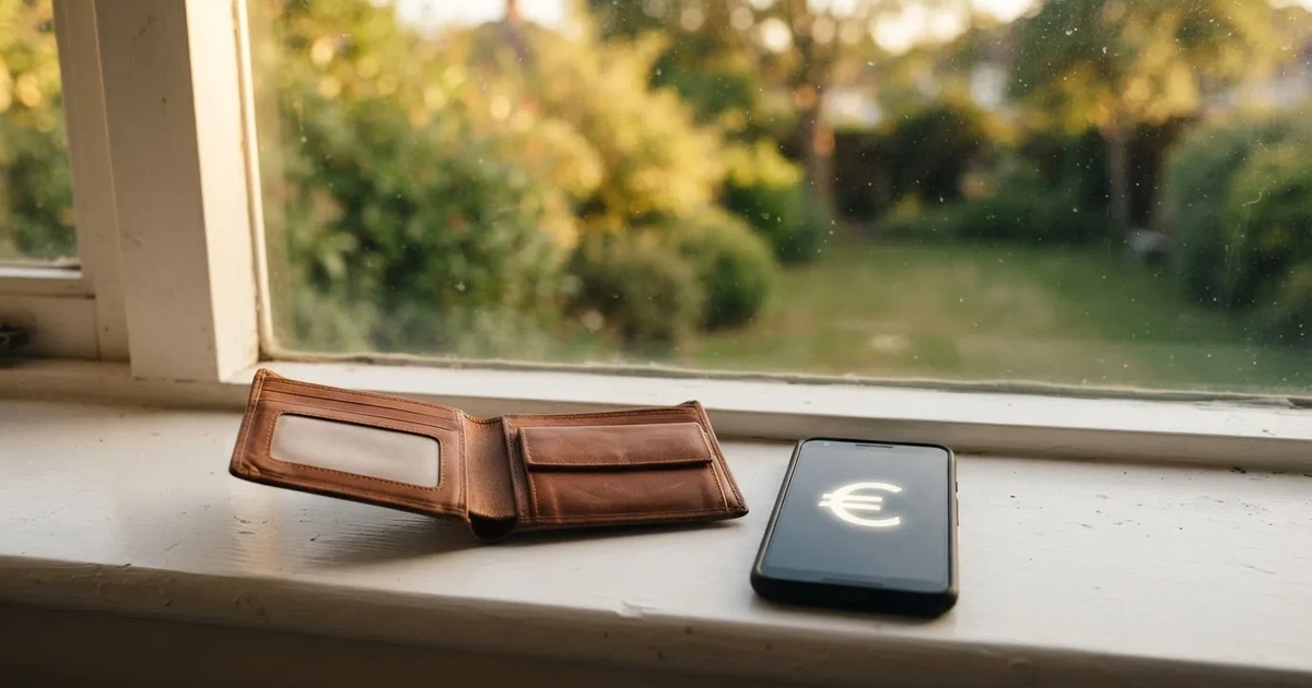 Eine Geldbörse aus Leder liegt geöffnet neben einem Smartphone auf einer Fensterbank, im Hintergrund ein Garten im Gegenlicht.