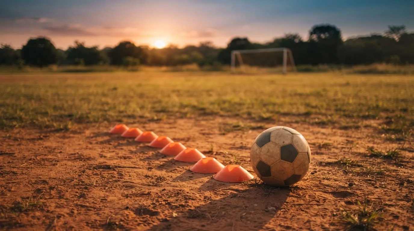 Ein Fußball auf rotem Sandboden neben einer Reihe Hütchen auf einem Trainingsplatz bei untergehender Sonne.