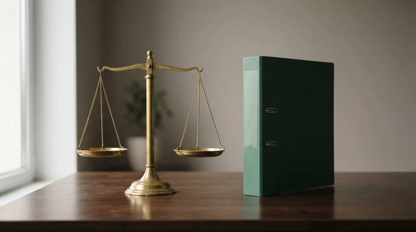 Eine Waage aus Messing und ein geschlossener Aktenordner ohne Beschriftung stehen auf einem polierten Schreibtisch.