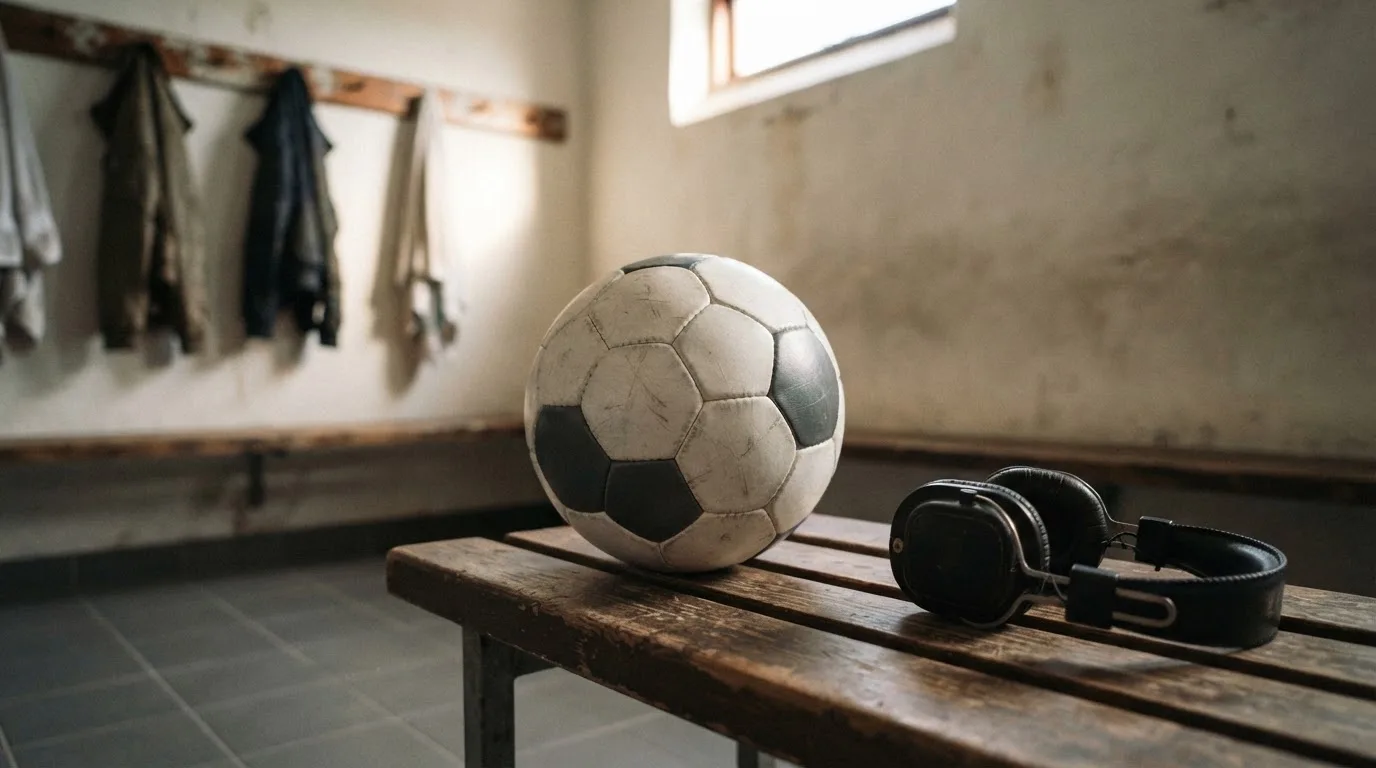 Ein Fußball liegt neben Kopfhörern auf einer Holzbank in einer Umkleide, Licht fällt durch ein schmales Fenster.