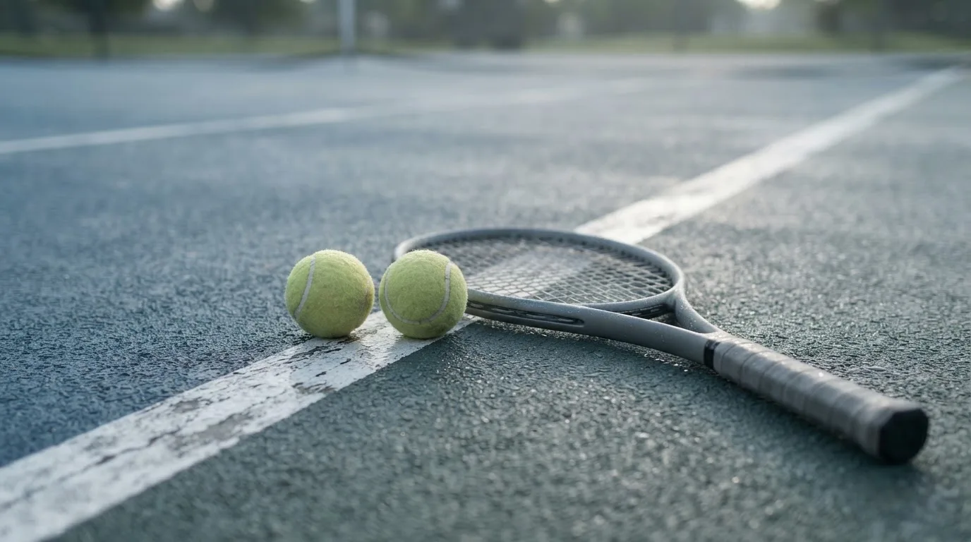 Zwei Tennisbälle und ein Schläger liegen auf der Grundlinie eines Hartplatzes, kleine Wassertropfen glänzen auf dem Belag.
