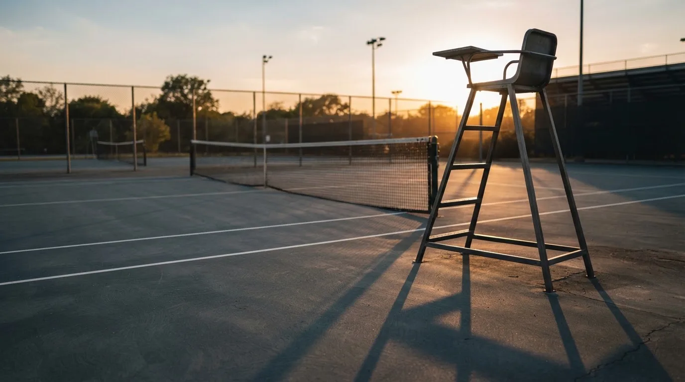 Ein leerer Schiedsrichterstuhl am Spielfeldrand eines Tennisplatzes im Abendlicht, lange Schatten auf dem Belag.