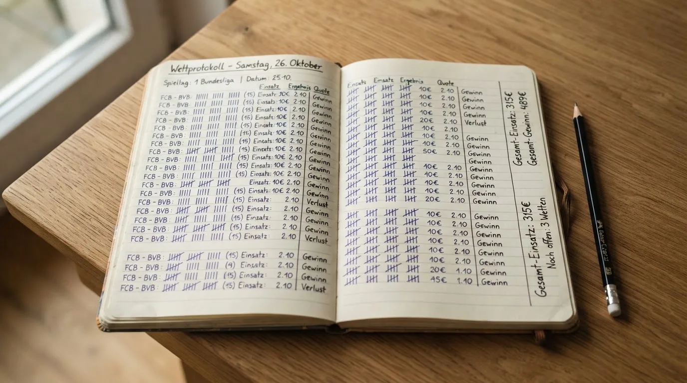 Ein handschriftlich geführtes Heft mit Strichlisten liegt neben einem Bleistift auf einem Tisch, seitlich fällt Tageslicht herein.