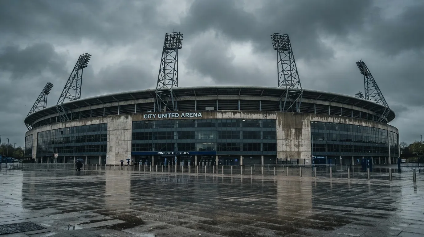 Ein leeres Stadion von außen, hohe Flutlichtmasten vor einem grauen Himmel mit Regenwolken.