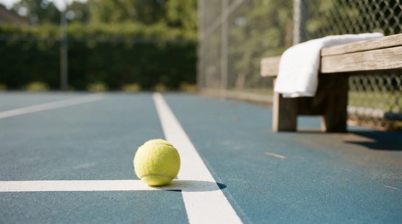 Ein gelber Tennisball liegt auf einer weißen Linie, daneben ein Handtuch auf einer Bank am Spielfeldrand.