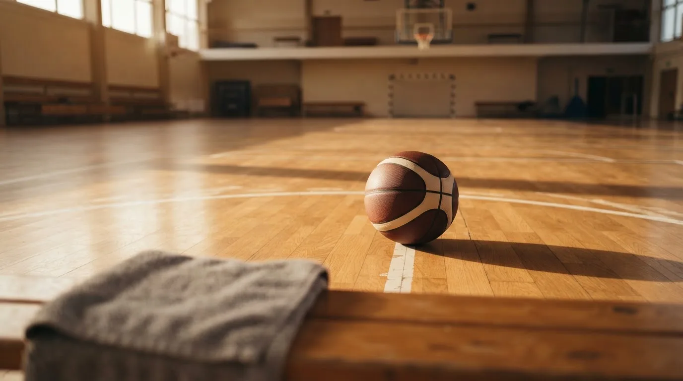 Ein Basketball liegt auf der Freiwurflinie einer Halle, im Vordergrund ein Handtuch auf einer Bank.