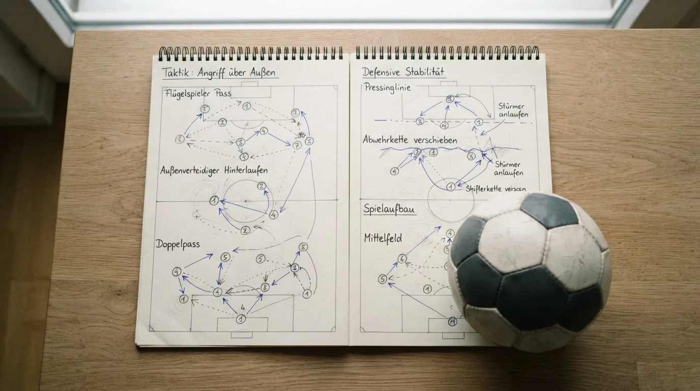 Ein Fußball liegt auf einem Notizbuch mit handgezeichneten Skizzen von Spielzügen, aufgenommen von oben auf einem Holztisch.