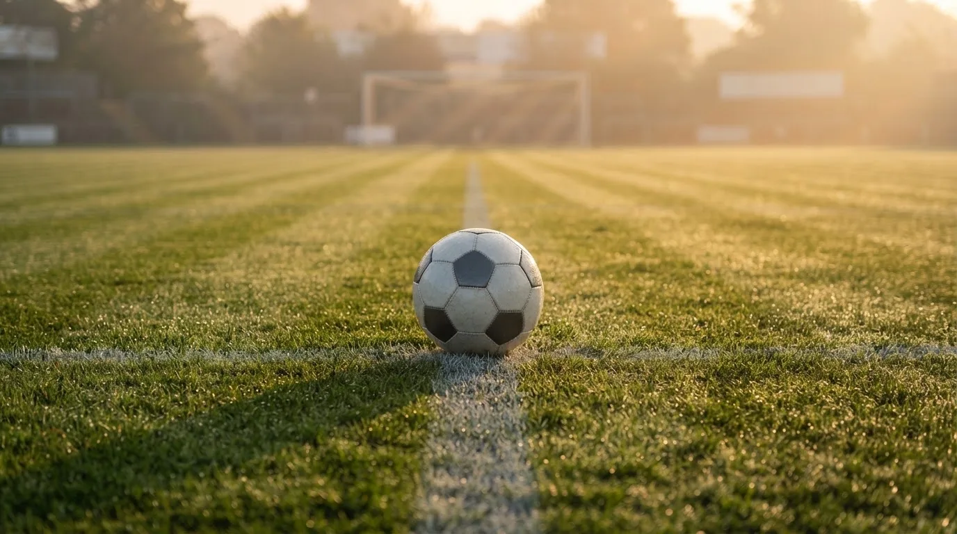 Ein Fußball liegt auf dem Anstoßpunkt eines Rasens bei Sonnenaufgang, Tau glitzert auf den Halmen.