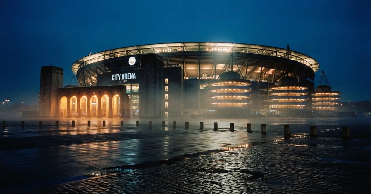Ein großes Fußballstadion bei Flutlicht von außen, davor ein leerer Vorplatz mit nassem Pflaster und Dunst.