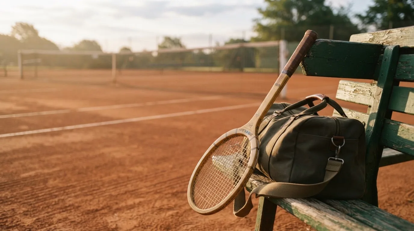 Ein Tennisschläger lehnt an einer Bank neben einer Sporttasche, im Hintergrund ein leerer Platz.