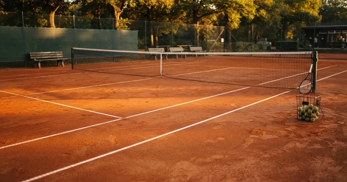Ein Sandplatz mit frisch gezogenen Linien in der Nachmittagssonne, Netz und Ballkorb am Rand, keine Menschen.