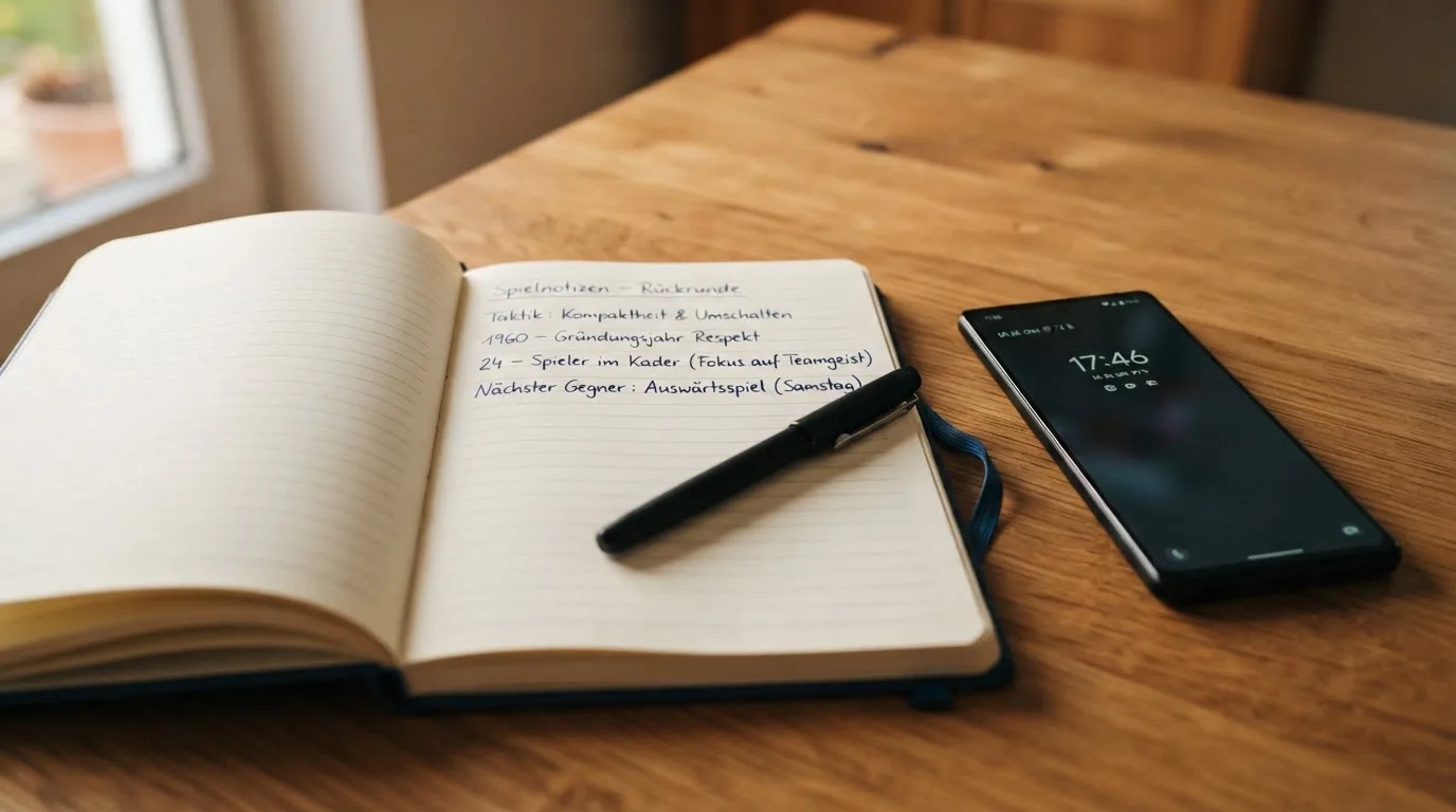 Ein Notizbuch mit handschriftlichen Notizen und ein Kugelschreiber liegen neben einem Smartphone mit dunklem Display auf einem Holztisch.