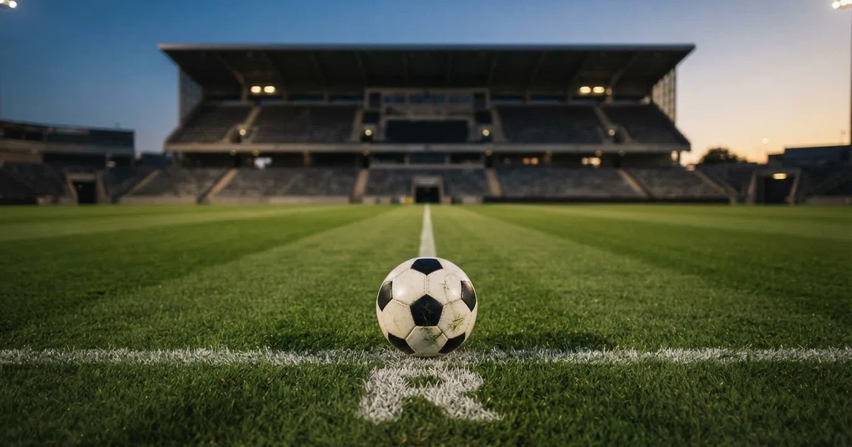Ein Fußball liegt auf dem Anstoßpunkt eines leeren Rasenplatzes, im Hintergrund eine große Stadiontribüne im Abendlicht.