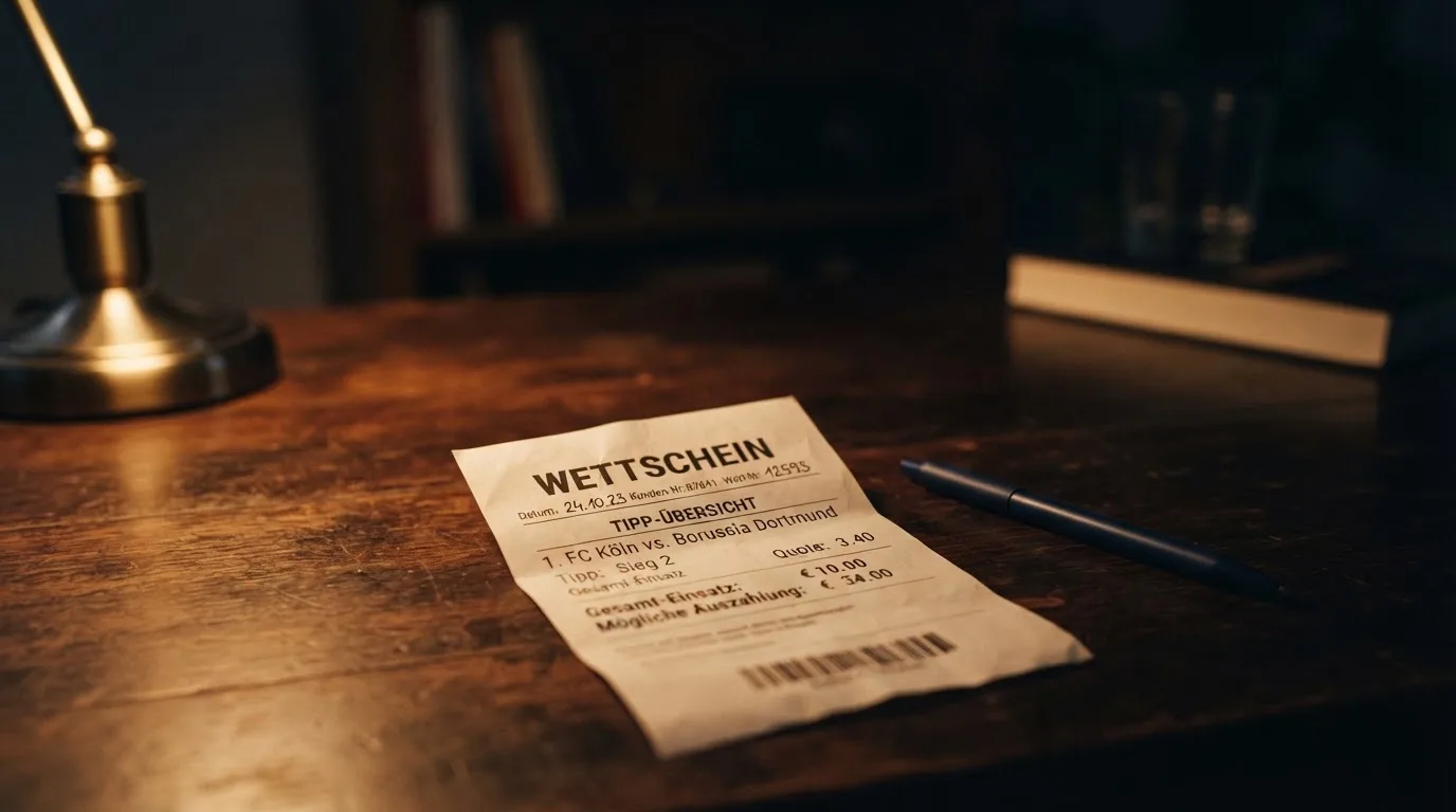 Ein leerer Wettschein aus Papier liegt neben einem Stift auf einem Schreibtisch im Licht einer kleinen Tischlampe.