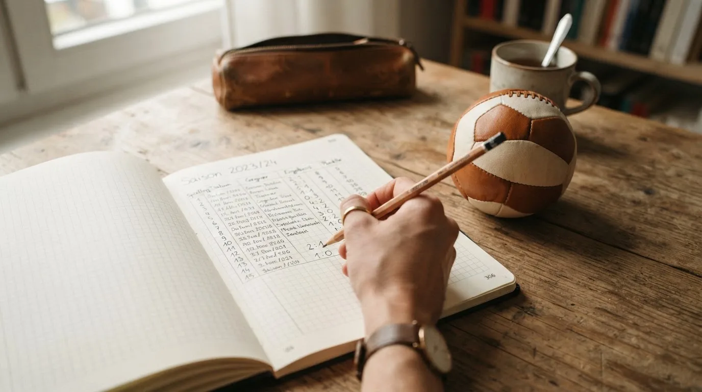 Eine Hand notiert mit Bleistift Zahlen in ein kariertes Heft, daneben liegt ein kleiner Lederfußball auf einer Holzplatte.