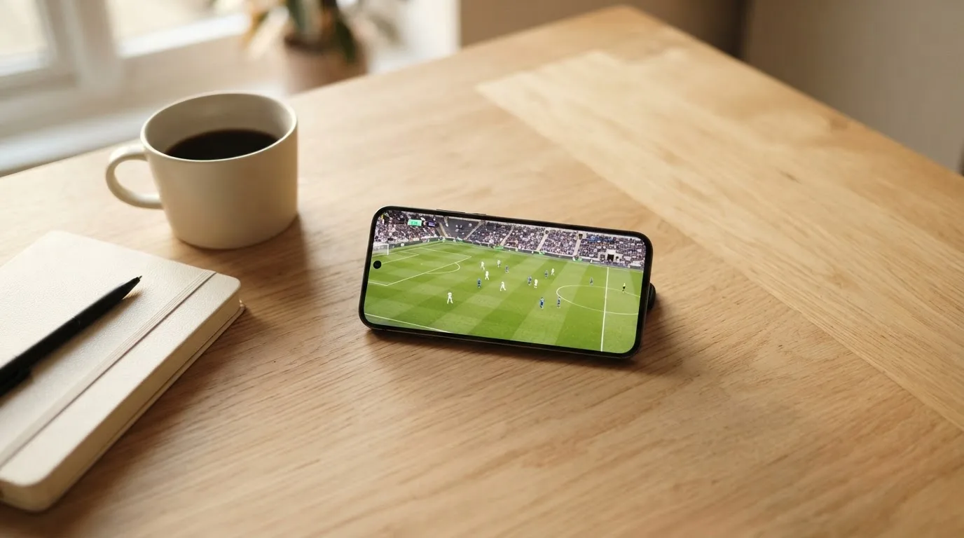 Ein Smartphone mit dunklem Display liegt neben einer Kaffeetasse und einem Notizblock auf einem hellen Tisch.