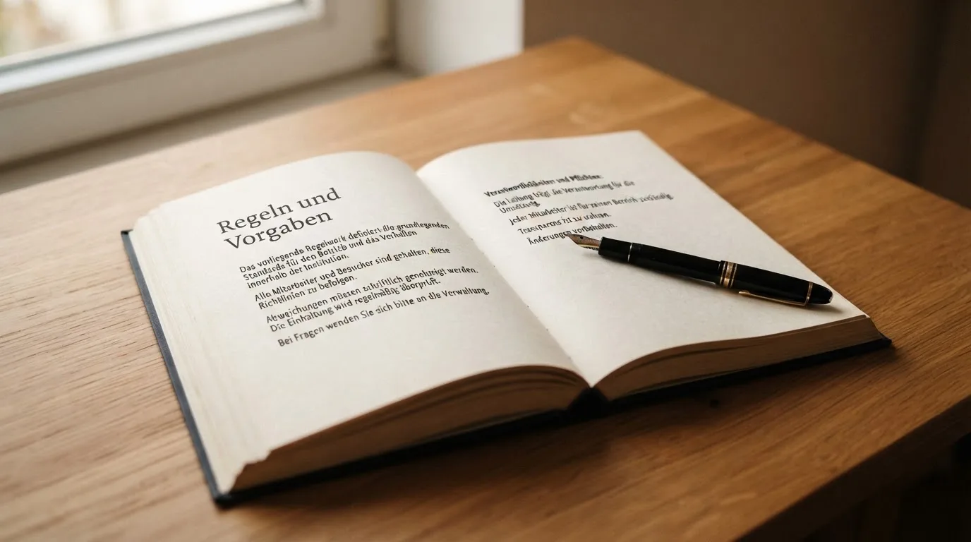 Ein aufgeschlagenes Buch mit leeren Seiten liegt neben einem Füllfederhalter auf einer Holzplatte, Fensterlicht fällt von links.