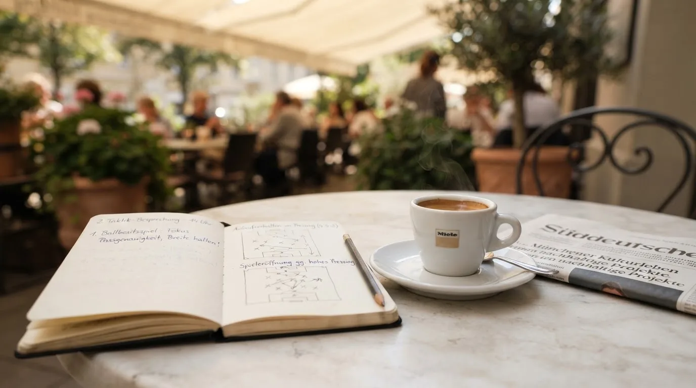 Eine Espressotasse steht auf einem kleinen Marmortisch einer Terrasse, daneben ein Notizheft mit handschriftlichen Skizzen.