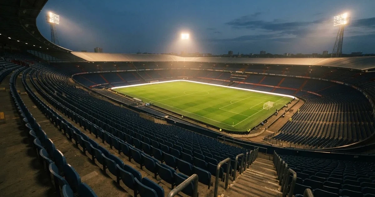 Leere Sitzreihen eines großen Stadions unter Flutlicht, dahinter die ferne Sicht auf den hell beleuchteten Rasen nach Sonnenuntergang.