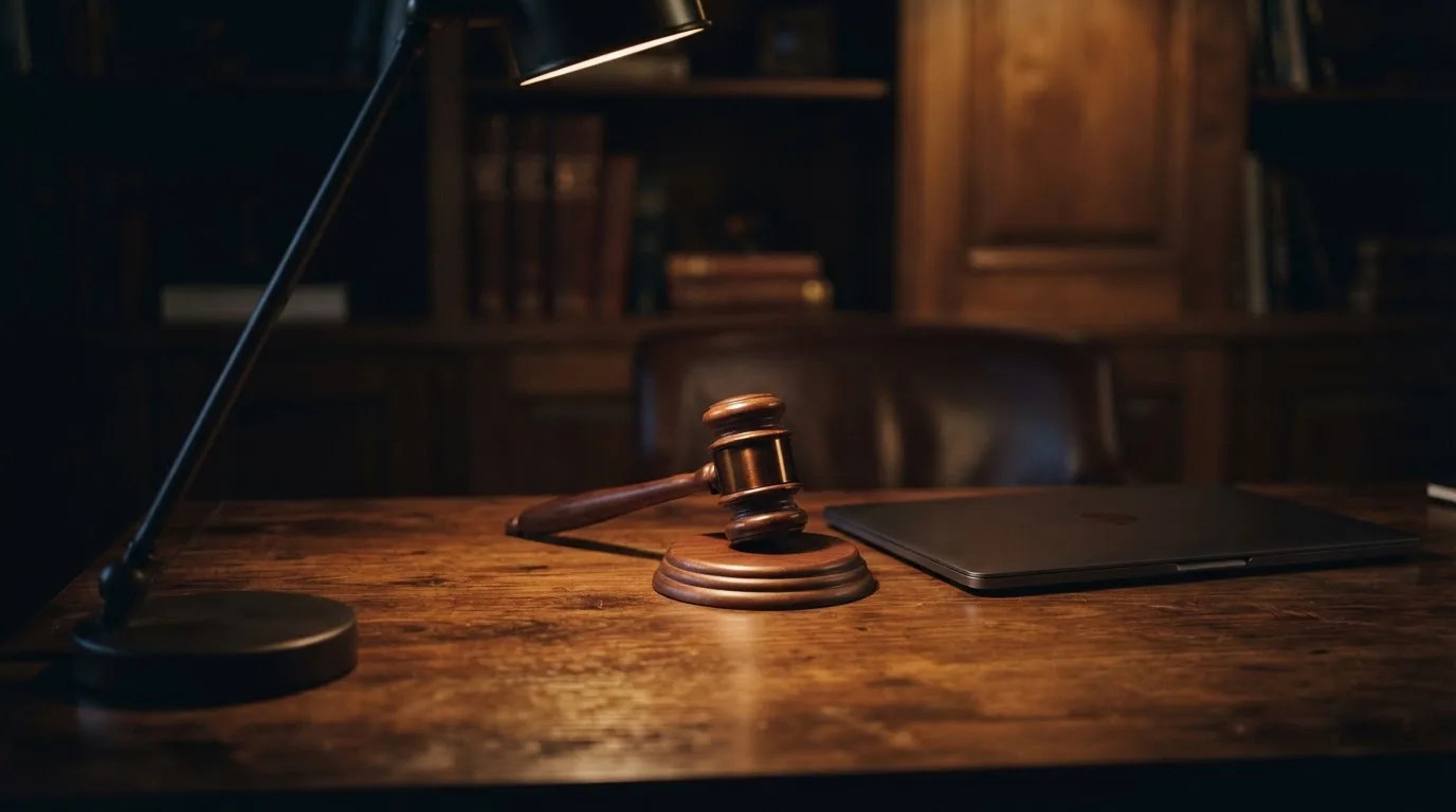 Ein Schreibtisch mit Stehlampe, einem geschlossenen Laptop und einem hölzernen Richterhammer im Halbdunkel.