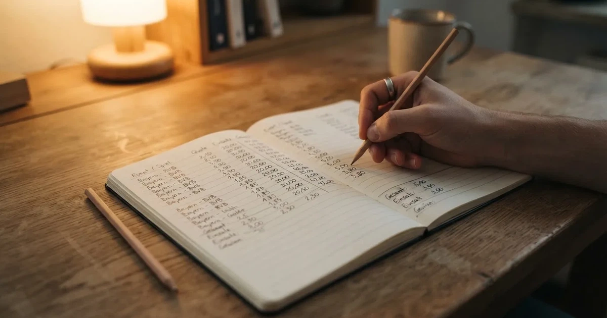 Ein aufgeschlagenes Notizbuch mit handschriftlichen Zahlenreihen und ein Bleistift liegen neben einem Taschenrechner auf einem Schreibtisch.