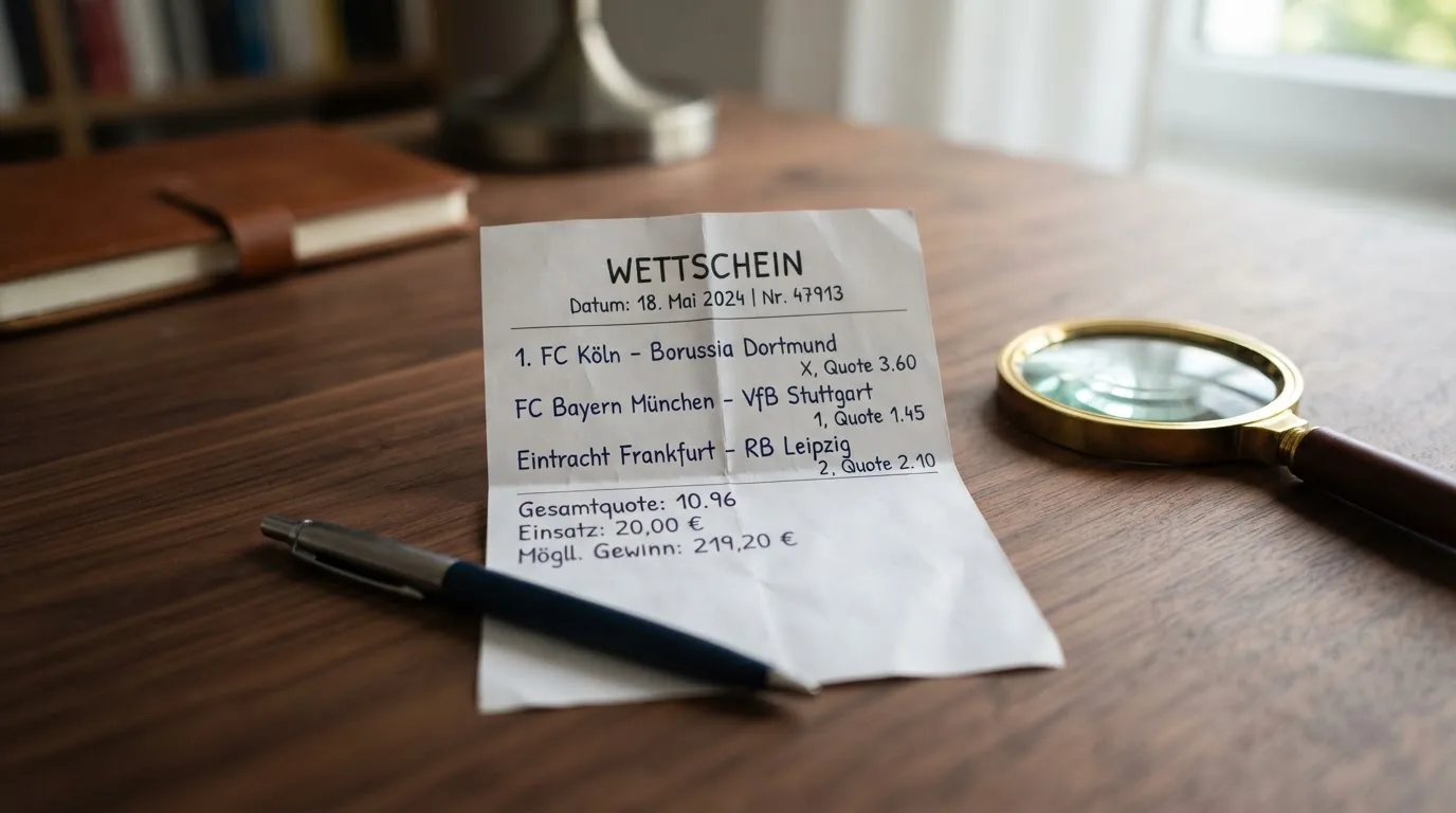 Ein leerer Wettschein aus Papier und ein Kugelschreiber liegen auf einem Schreibtisch neben einer Lupe.