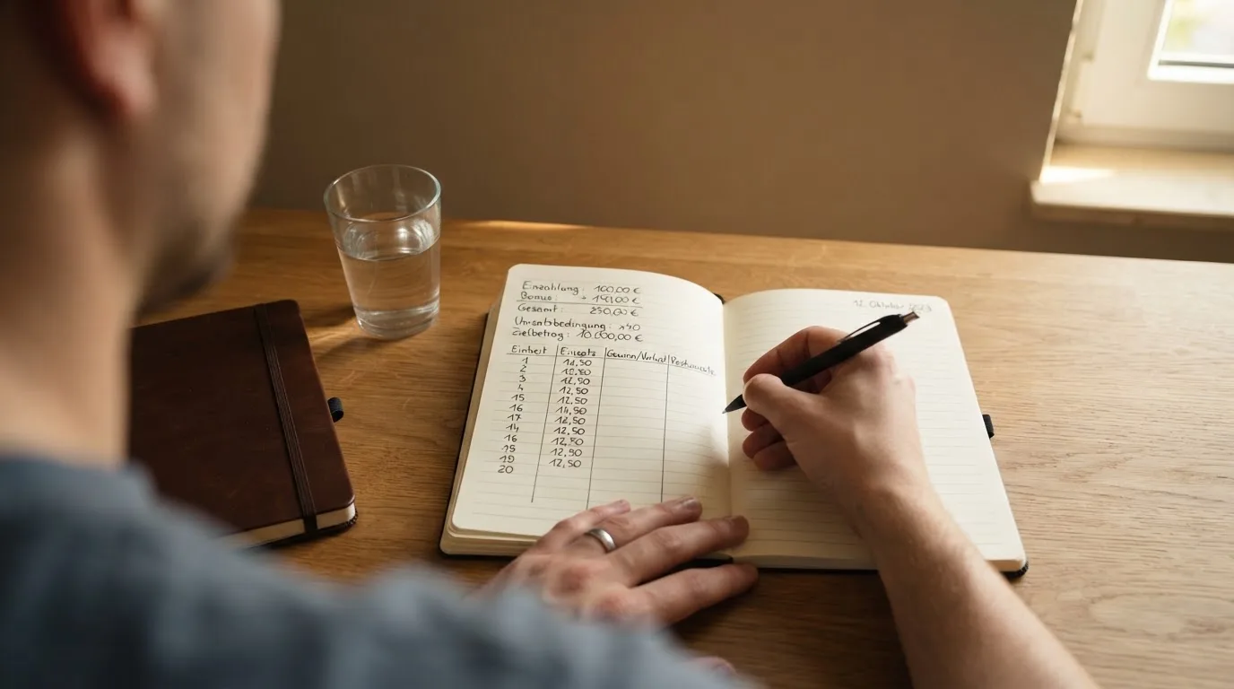 Ein Notizbuch mit handschriftlichen Rechnungen und ein Taschenrechner liegen auf einem aufgeräumten Schreibtisch in warmem Licht.