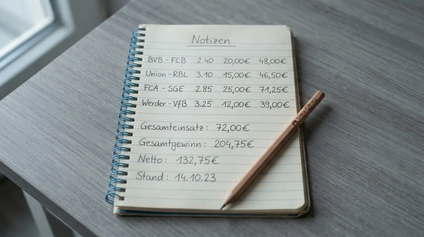 Ein Taschenrechner, ein Bleistift und ein Block mit handschriftlichen Zahlenreihen liegen auf einer grauen Arbeitsfläche.