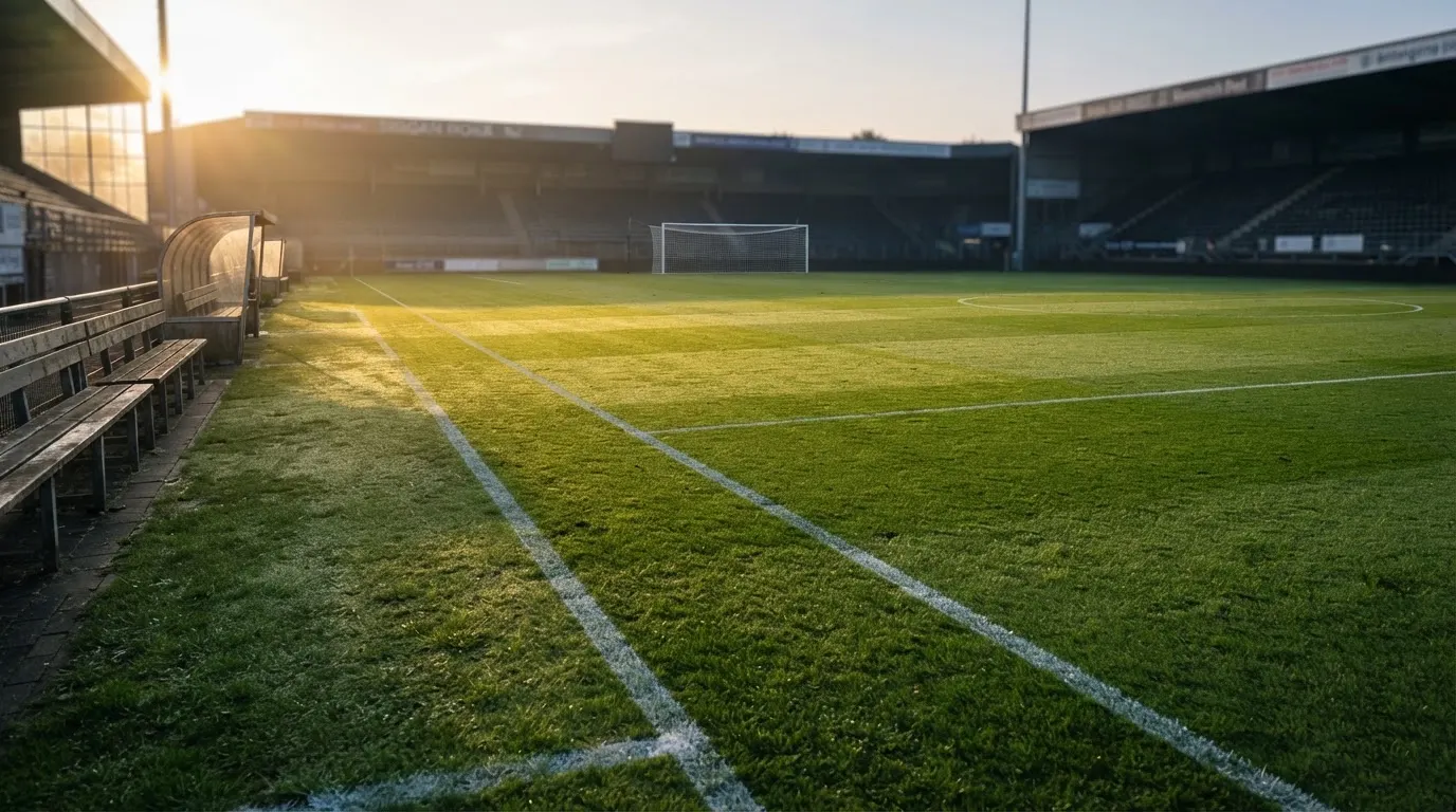 Ein Fußballplatz mit frisch gezogenen Kreidelinien im ersten Morgenlicht, leere Ersatzbänke am Spielfeldrand.
