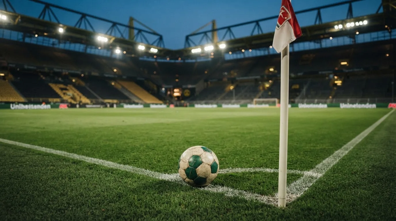 Ein Fußball liegt neben einem Eckfahnen-Pfosten auf einem Rasenplatz, im Hintergrund ein leeres Stadion in der Dämmerung.
