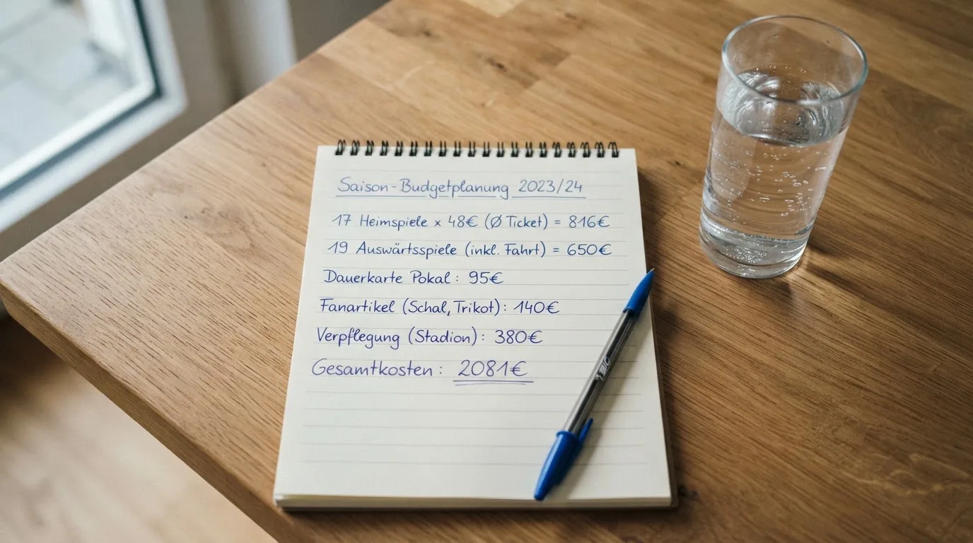 Ein Taschenrechner liegt auf einem Schreibtisch neben einem Block mit handschriftlichen Rechnungen und einem Glas Wasser.