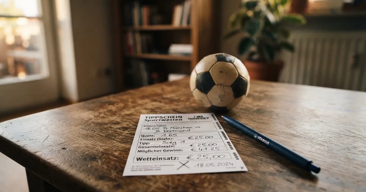 Ein leerer Papier-Wettschein und ein Kugelschreiber liegen neben einem kleinen Fußball auf einem Holztisch, weiches Fensterlicht.