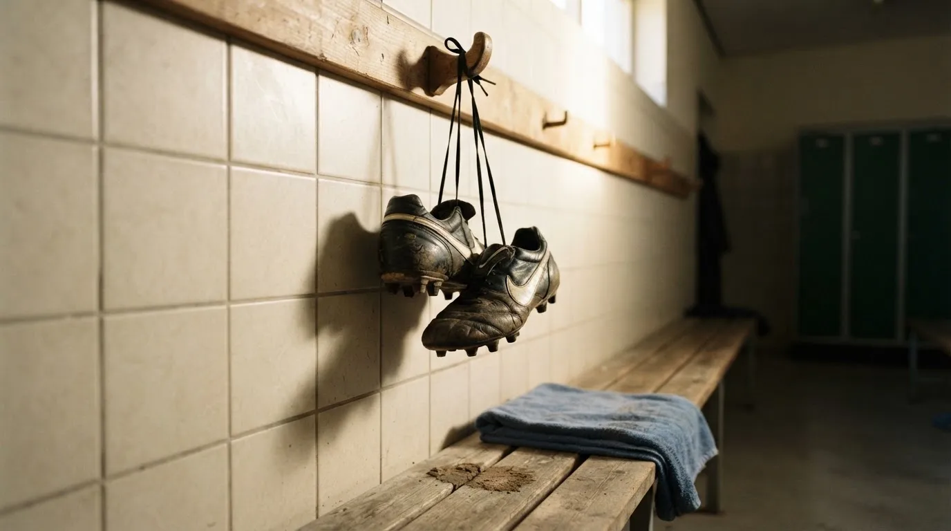 Ein Paar Fußballschuhe hängt an den Schnürsenkeln an einem Holzhaken in einer leeren Umkleidekabine.
