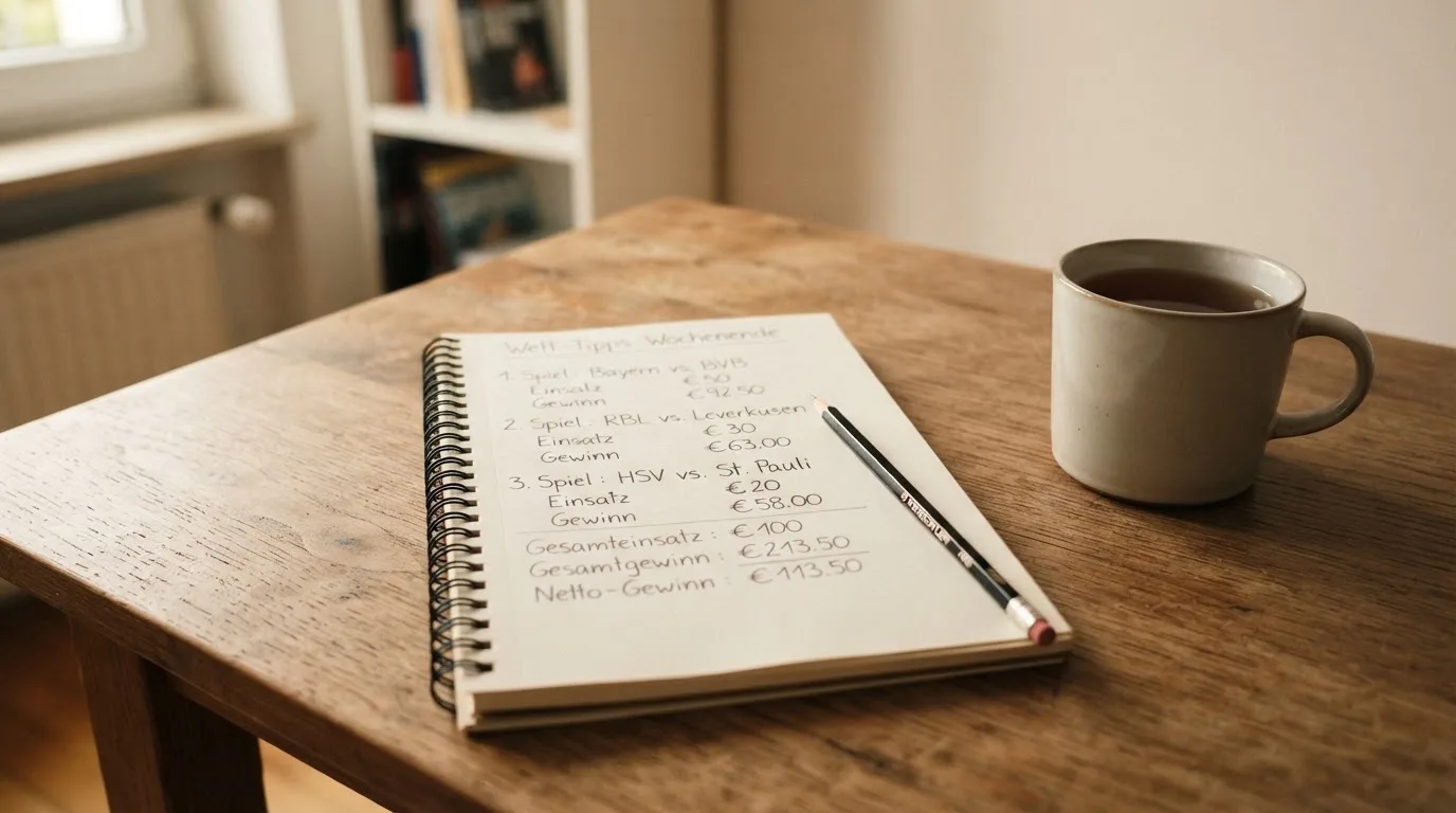 Ein Schreibtisch mit Taschenrechner, Bleistift und einem Block voller handschriftlicher Rechnungen, daneben eine Tasse Tee.