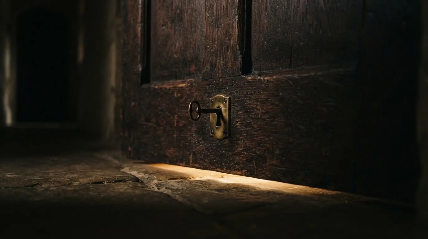 Ein Schlüssel steckt im Schloss einer massiven Holztür, Licht fällt durch einen schmalen Spalt.
