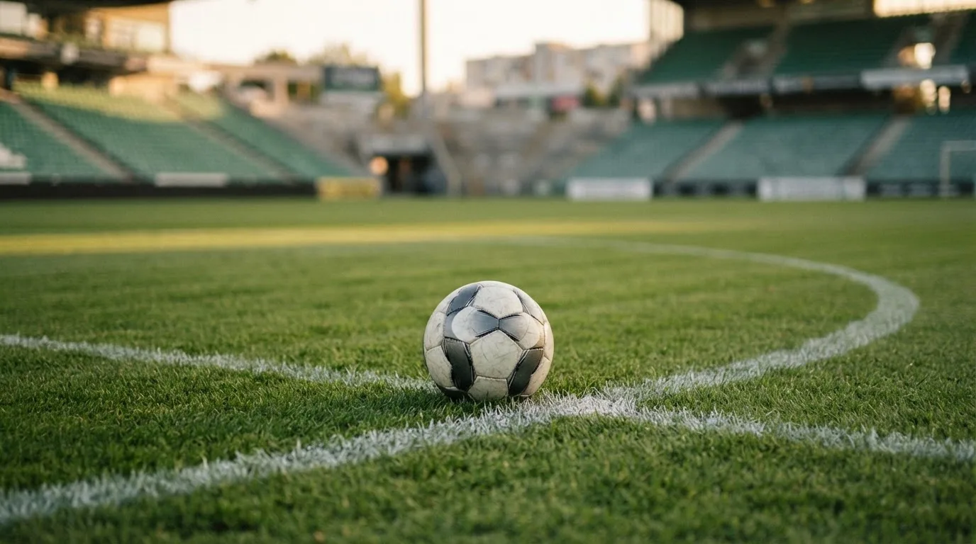 Ein Fußball liegt auf dem Rasen im Mittelkreis, die Kreidelinien führen scharf ins Bild, dahinter verschwimmt eine Tribüne.