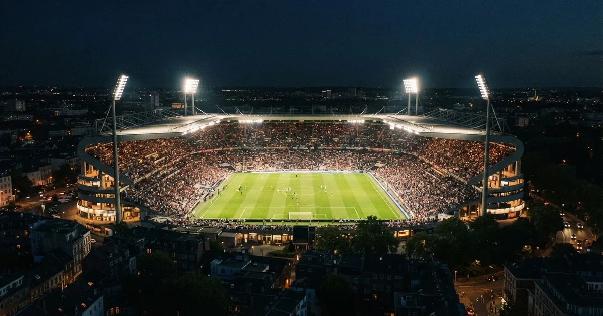 Ein großes Stadion bei Nacht, aus der Ferne unter Flutlicht gesehen, die Ränge hell erleuchtet, der Rasen leuchtend grün.