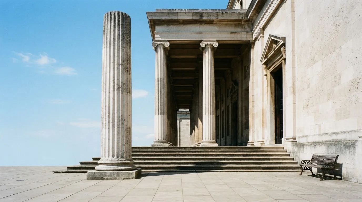 Eine Marmorsäule vor einem klassischen Gebäude, im Hintergrund blauer Himmel.