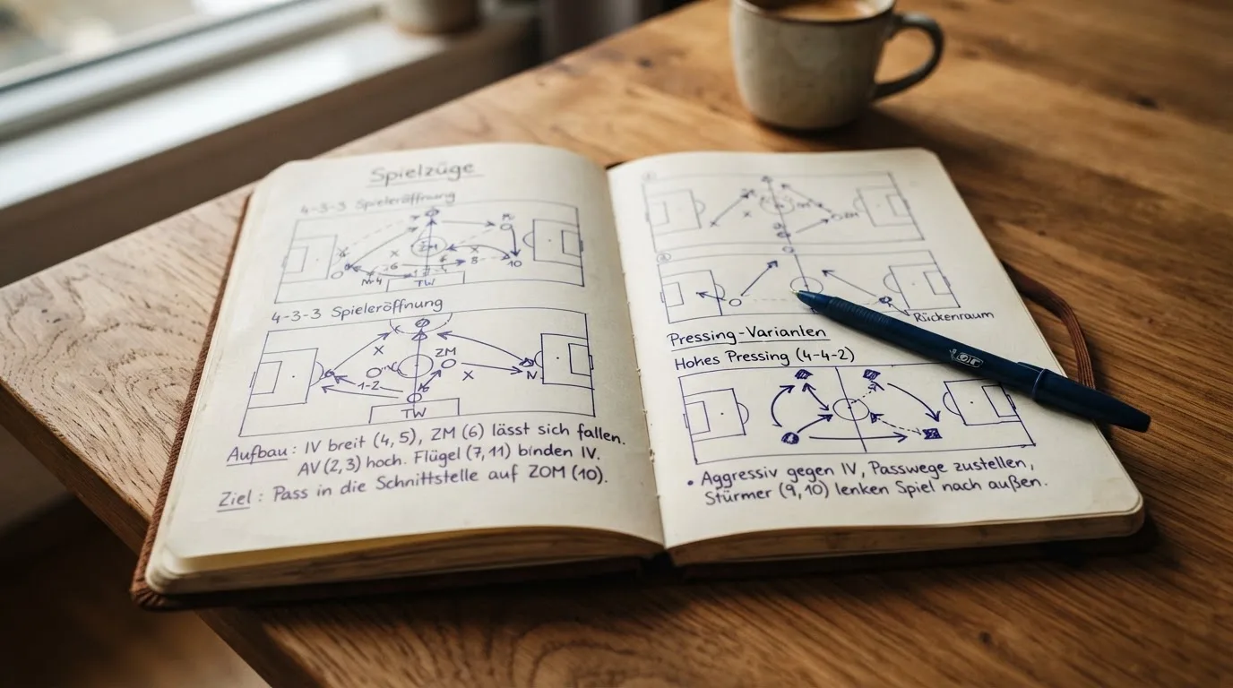 Ein aufgeschlagenes Notizbuch mit handschriftlichen Skizzen von Spielzügen liegt neben einem Kugelschreiber auf einem Holztisch.