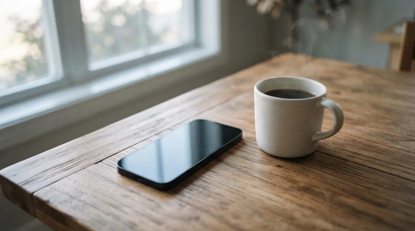Ein Smartphone mit dunklem Display liegt neben einer Kaffeetasse auf einem Holztisch im Licht eines Fensters.