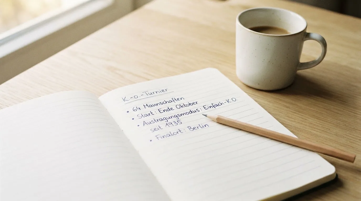 Ein aufgeschlagenes Notizbuch mit handgeschriebenen Stichpunkten und ein Bleistift liegen neben einer Kaffeetasse auf einem hellen Holztisch.