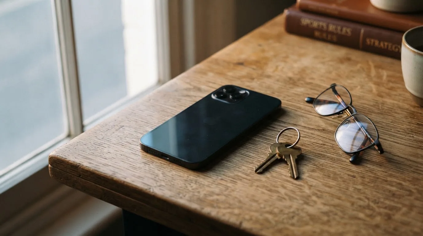 Ein Smartphone liegt mit dunklem Display auf einem Holztisch neben einem Schlüsselbund und einer Brille im Licht eines Fensters.
