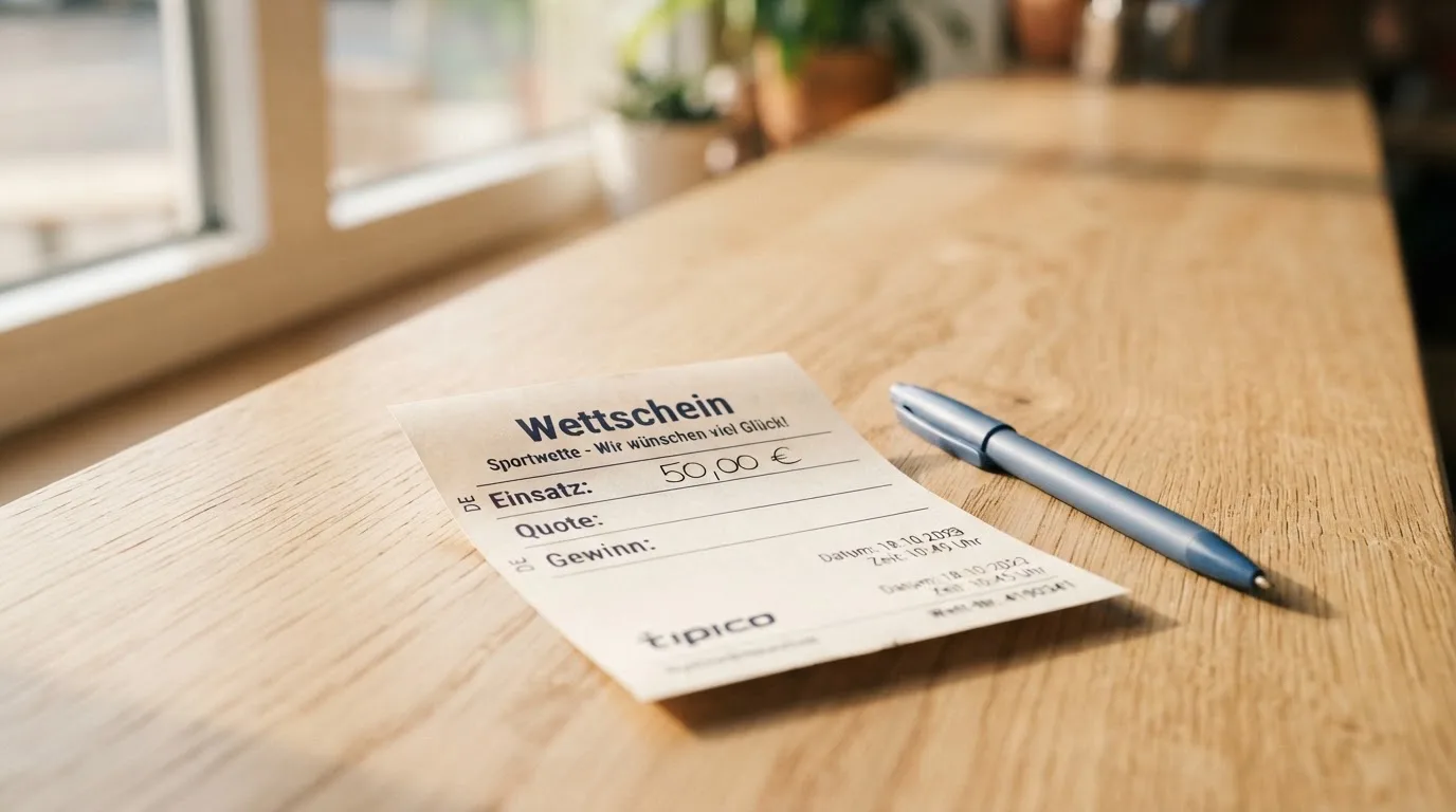 Ein leerer Papier-Wettschein und ein Kugelschreiber liegen auf einer Theke aus hellem Holz im Tageslicht.